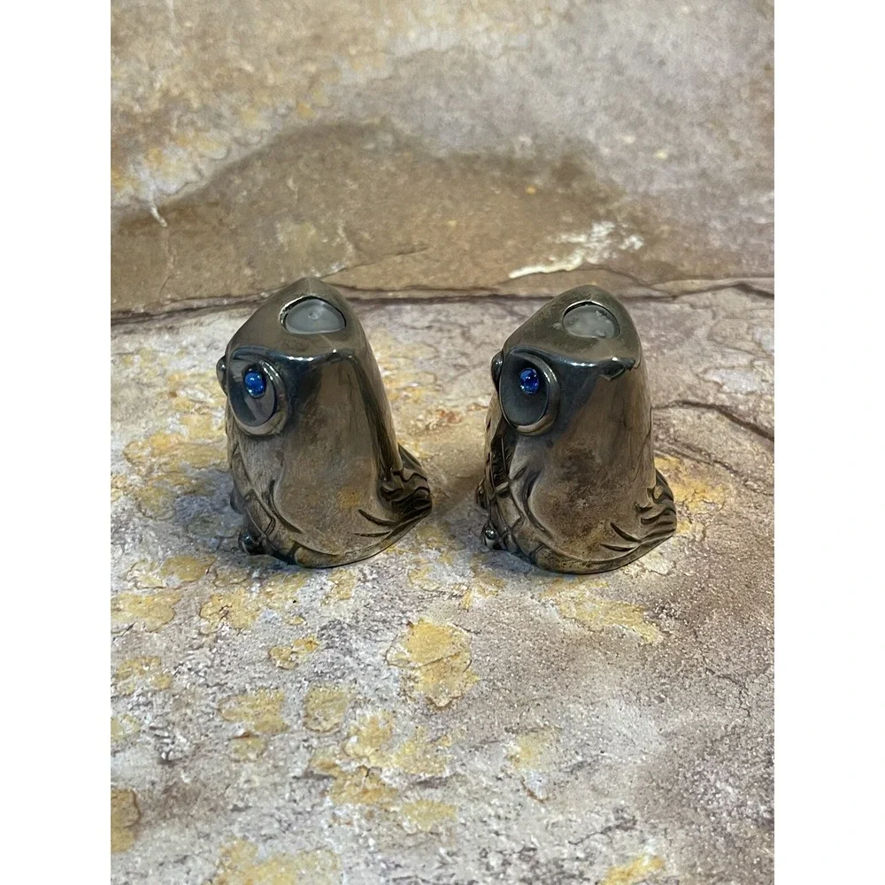 Vintage Owl Salt and Pepper Silver Plated Blue Crystal Eyes